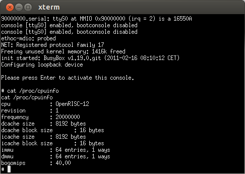 Screenshot of xterm running OpenRISC simulator